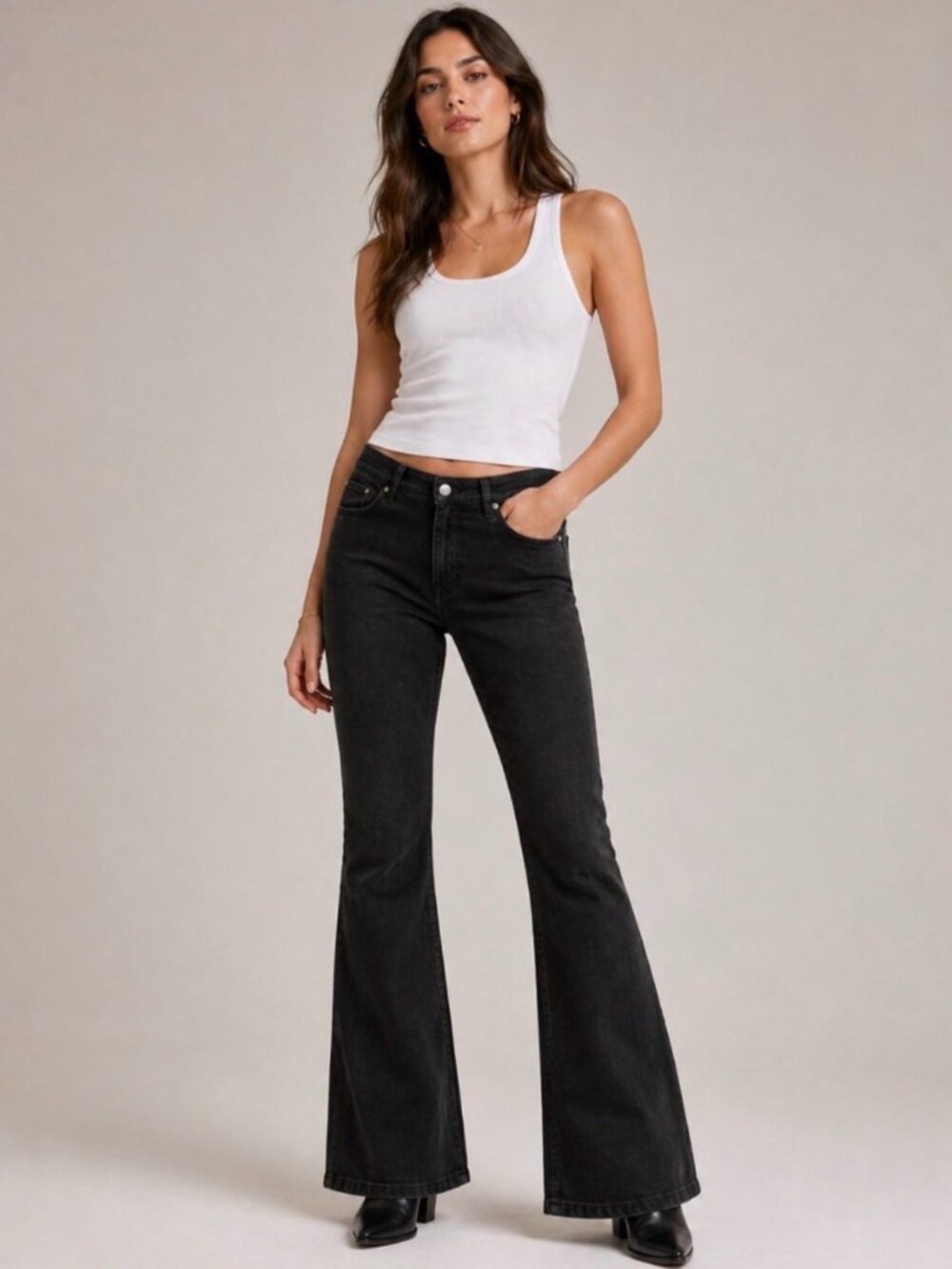 Boden High Rise Full Length Flare Jeans Black Stretch Denim Size 12